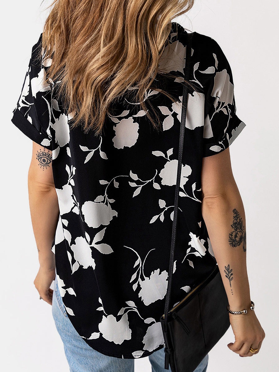 Full Size Printed Notched Short Sleeve Blouse - In Style Chics Boutique LLC