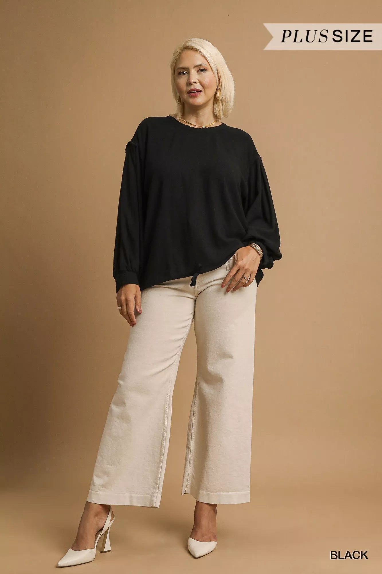 Linen Long Sleeve Plus Size Top with Drawstring at In Style Chics Boutique