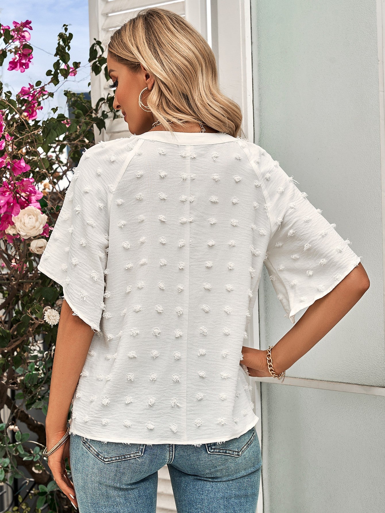 Swiss Dot Notched Neck Flare Sleeve Blouse - In Style Chics Boutique LLC