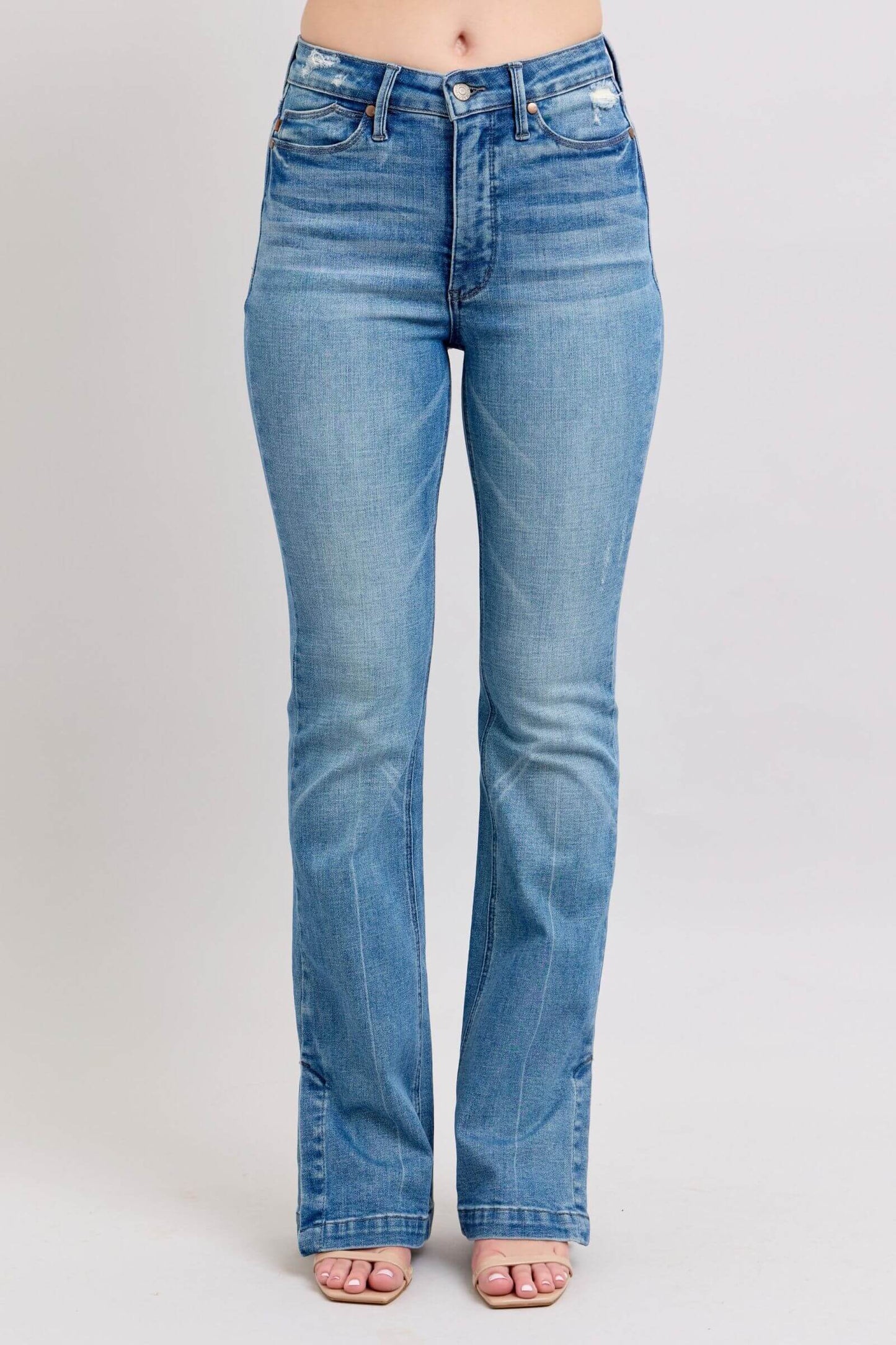 High Waist Tummy Control Vintage Wash Side Slit Slim Boot Jeans - In Style Chics Boutique Online Clothing Women's Juniors Plus Size Apparel
