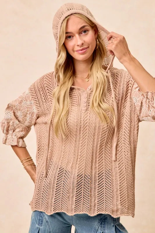 Jacquard Flower Puff Sleeve Hooded Knit Top at In Style Chics Boutique