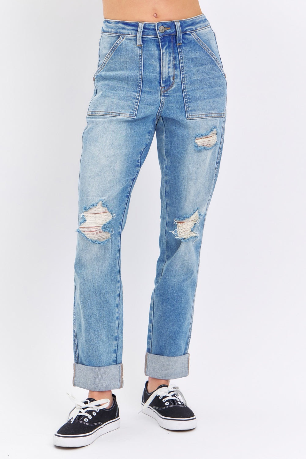 Judy Blue Full Size Distressed Straight Jeans with Patch Pockets - In Style Chics Boutique LLC