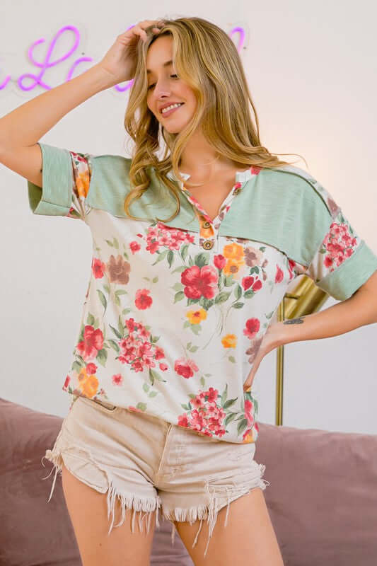 BiBi Floral Button Detail Round Neck Short Sleeve Terry T-Shirt - Cute Clothes Online - In Style Chics Boutique Women's Juniors Apparel