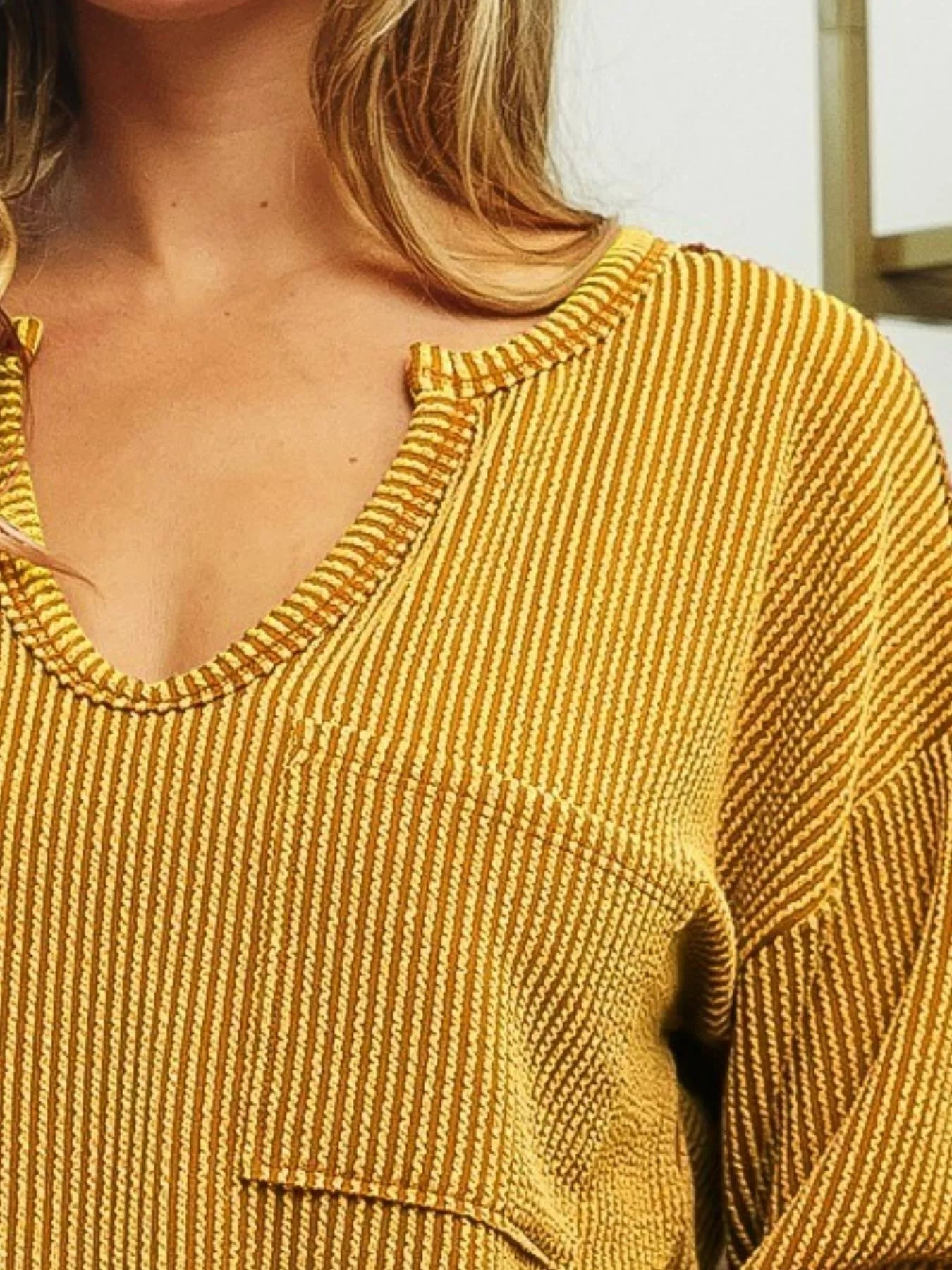Shop Wavy Two Tone Rib Notch Neck Patch Pocket Mustard Top 💛 at In Style Chics Boutique