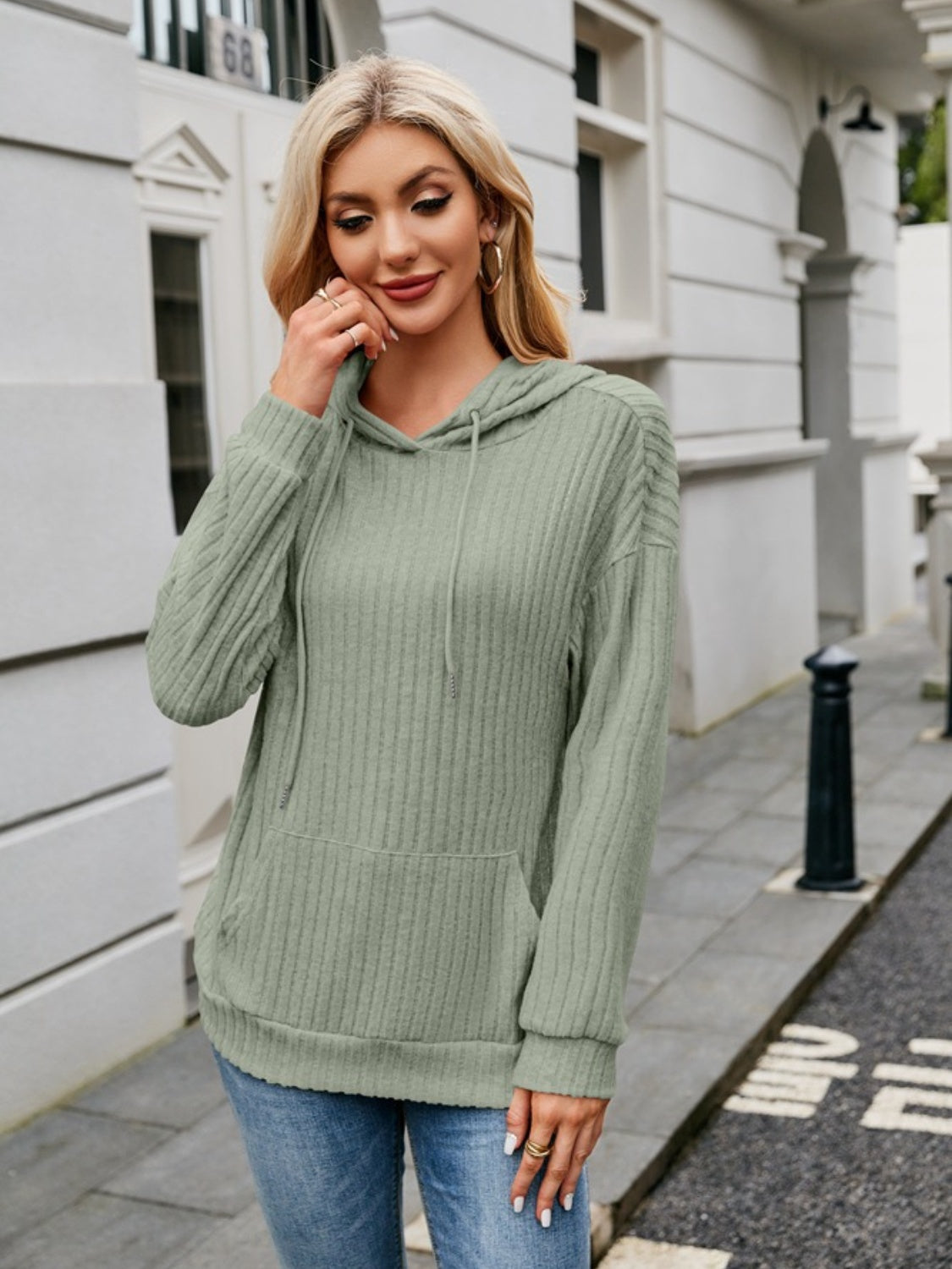 Ribbed Drawstring Long Sleeve Hoodie - In Style Chics Boutique LLC