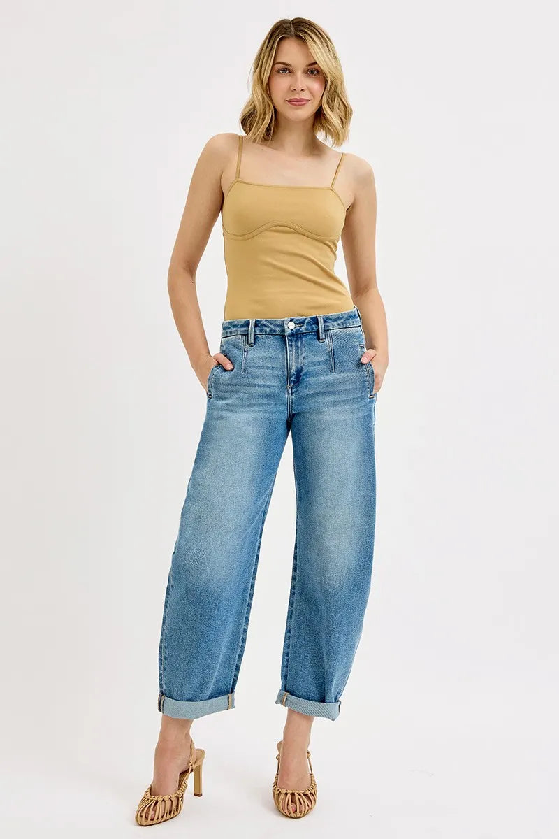 Mid Rise Fit Barrel Roll Up Jeans at In Style Chics Boutique
