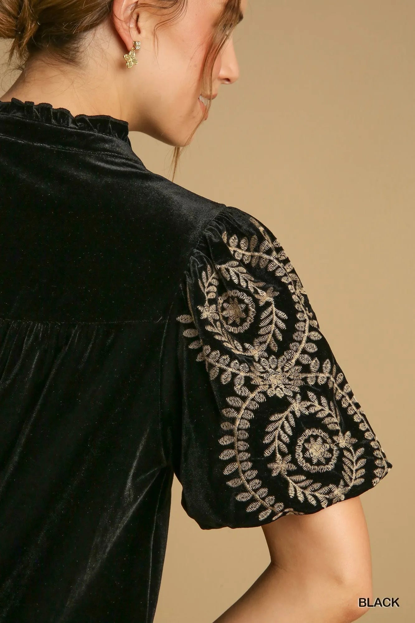 Velvet Embroidered Sleeve Blouse at In Style Chics Boutique
