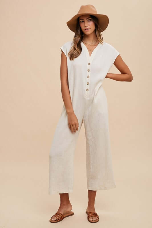 Annie Wear Button Detail Wide Leg Jumpsuit with Pockets - In Style Chics Boutique LLC