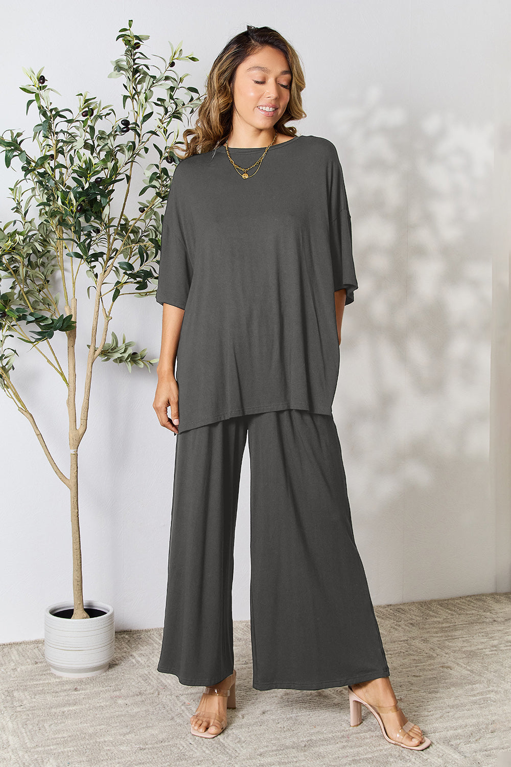 Double Take Round Neck Slit Top and Pants Set - More Colors! - In Style Chics Boutique LLC