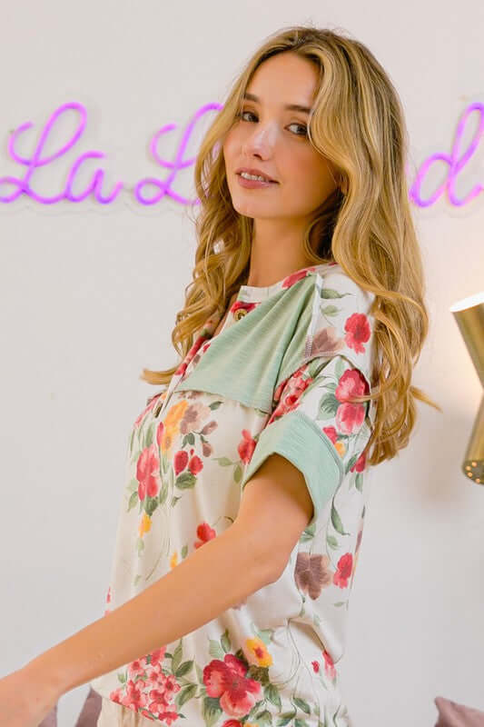 BiBi Floral Button Detail Round Neck Short Sleeve Terry T-Shirt - Cute Clothes Online - In Style Chics Boutique Women's Juniors Apparel