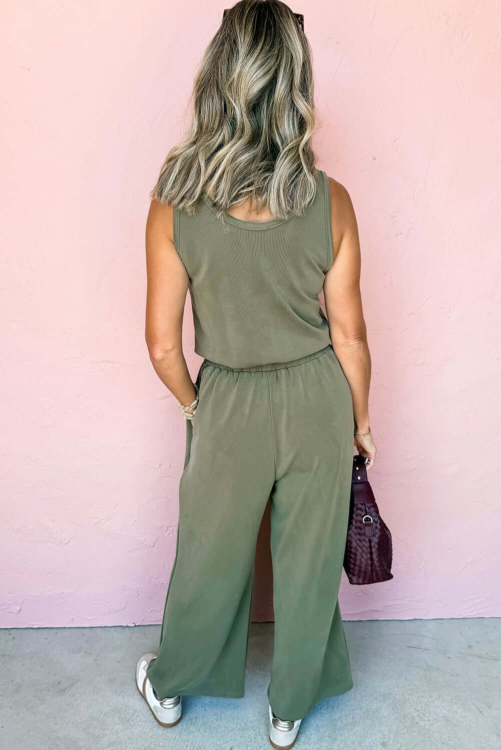 Vineyard Green Buttoned Drawstring Waist Sleeveless Wide Leg Jumpsuit - Cute Clothes Online - In Style Chics Boutique Women's Juniors