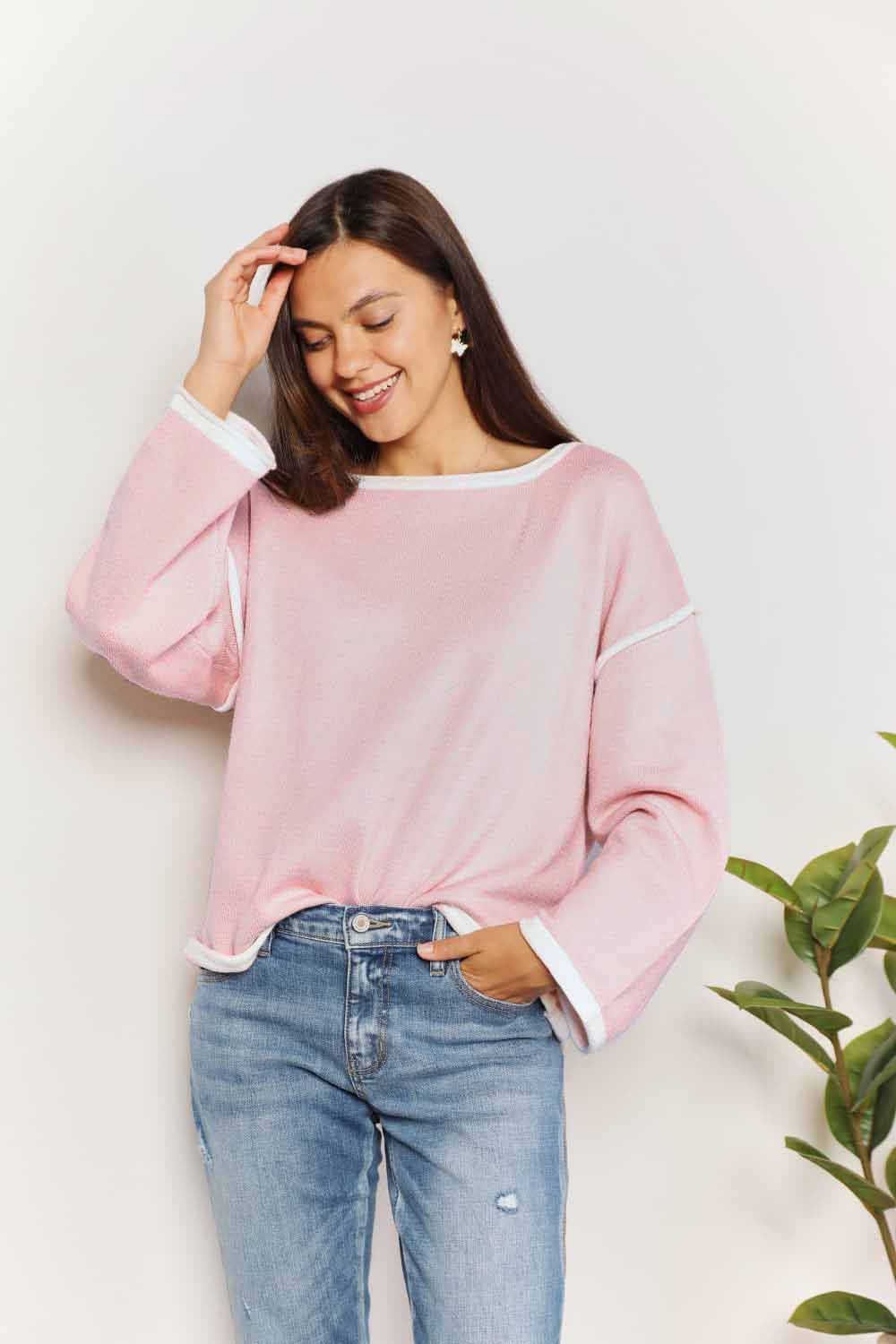Angel Wings Contrast Detail Dropped Shoulder Knit Top - In Style Chics Boutique LLC