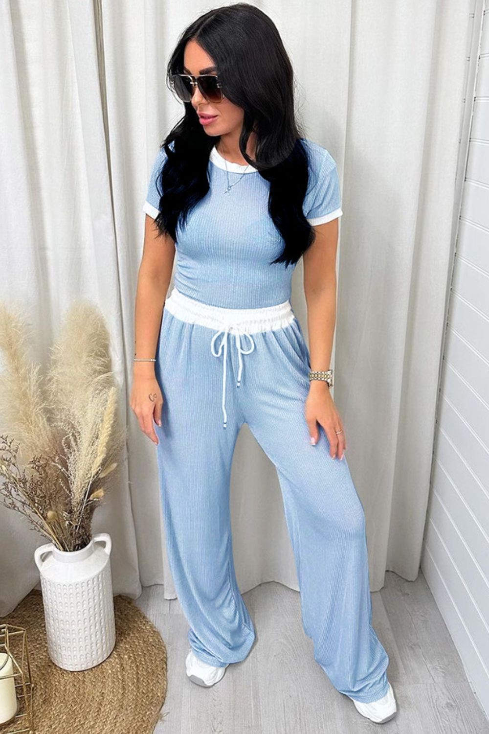 Contrast Trim Round Neck Top and Pants Set - In Style Chics Boutique LLC