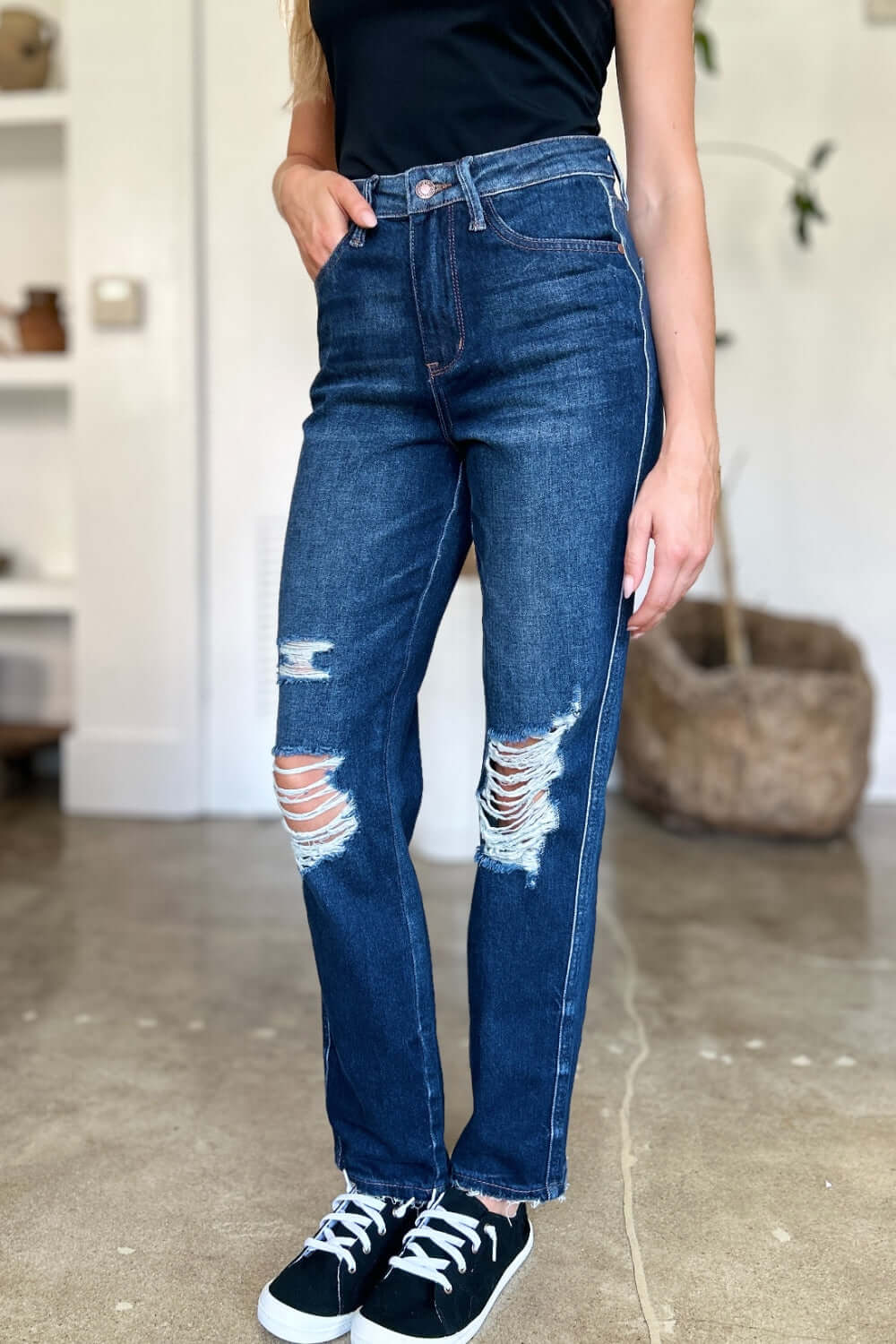 Judy Blue Full Size High Waist Rigid Magic Heavy Destroy Straight Jeans - In Style Chics Boutique LLC