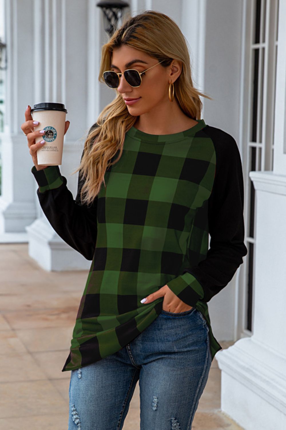 Plaid Round Neck Long Sleeve T-Shirt - In Style Chics Boutique LLC
