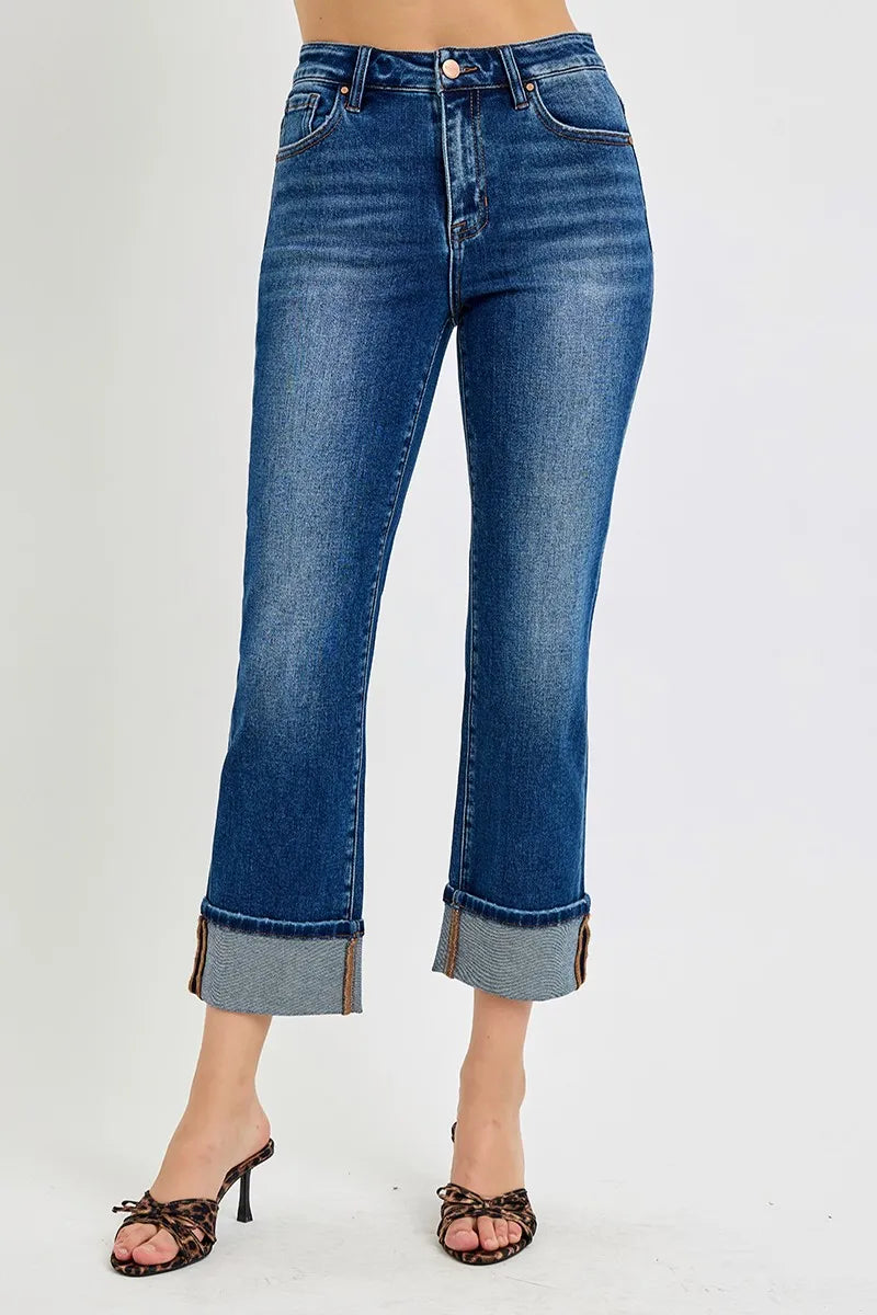 RISEN High Rise Ankle Straight Cuffed Jeans - In Style Chics Boutique Womens Jeans Plus Size Jeans