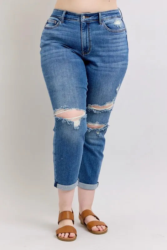 Judy Blue Medium Rise Vintage Wash Distressed Boyfriend Jeans - In Style Chics Boutique Women's Juniors Plus Size Clothes Online