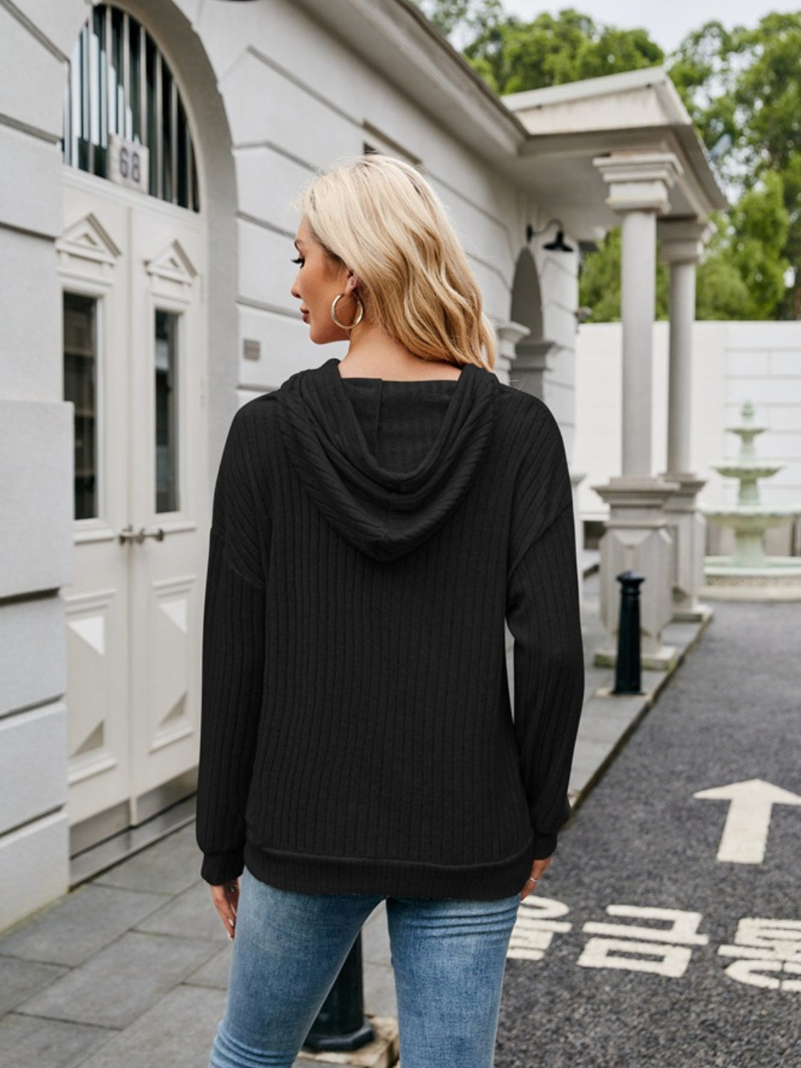 Ribbed Drawstring Long Sleeve Hoodie - In Style Chics Boutique LLC