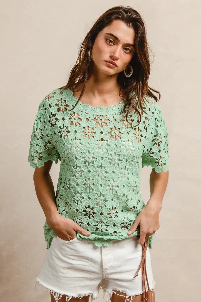 Openwork Crochet Short Sleeve Knit Top at In Style Chics Boutique
