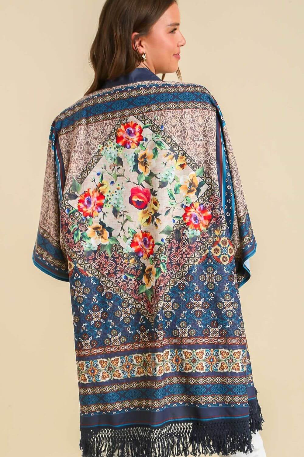 Fringe Hem Open Front Printed Kimono Sleeve Cover-Up - Cute Clothing - In Style Chics Boutique Online Women's Juniors Plus Size Apparel