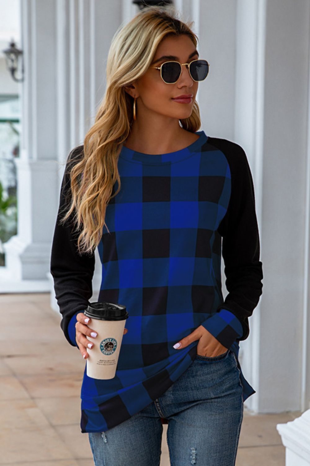 Plaid Round Neck Long Sleeve T-Shirt - In Style Chics Boutique LLC