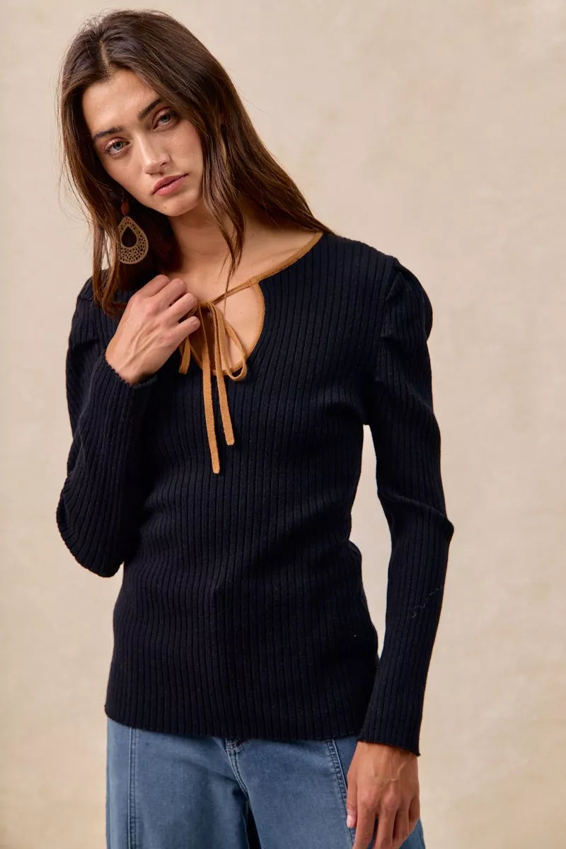 Ribbed Contrast Front Tied 🖤 Top with Shirred Detail at In Style Chics Boutique