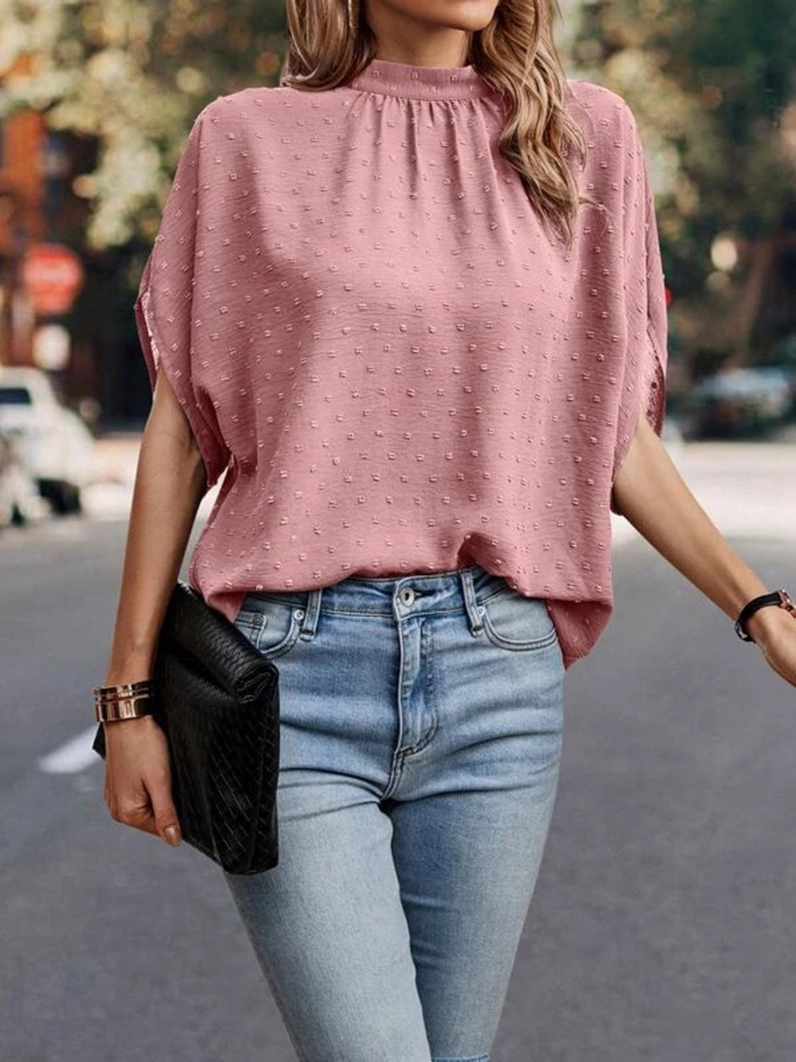 Swiss Dot Mock Neck Half Sleeve Blouse - More Colors! - In Style Chics Boutique LLC