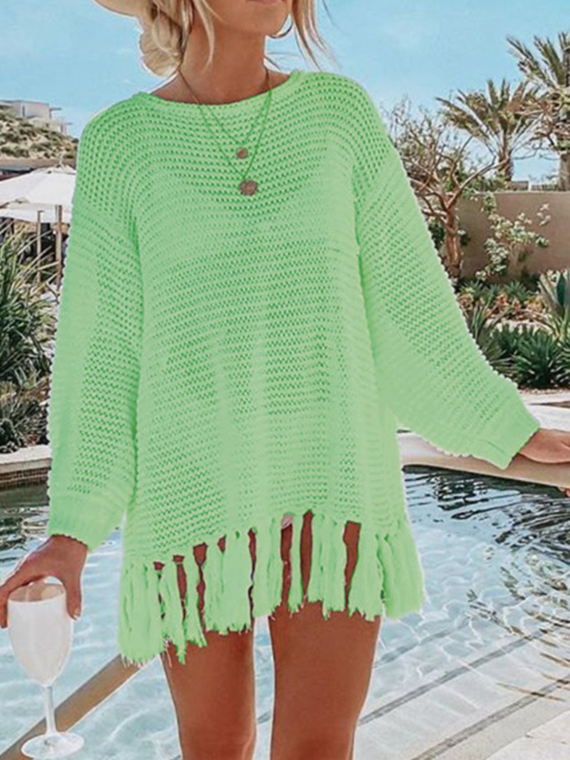 Double Take Openwork Tassel Hem Long Sleeve Knit Cover Up - More Colors! - In Style Chics Boutique LLC