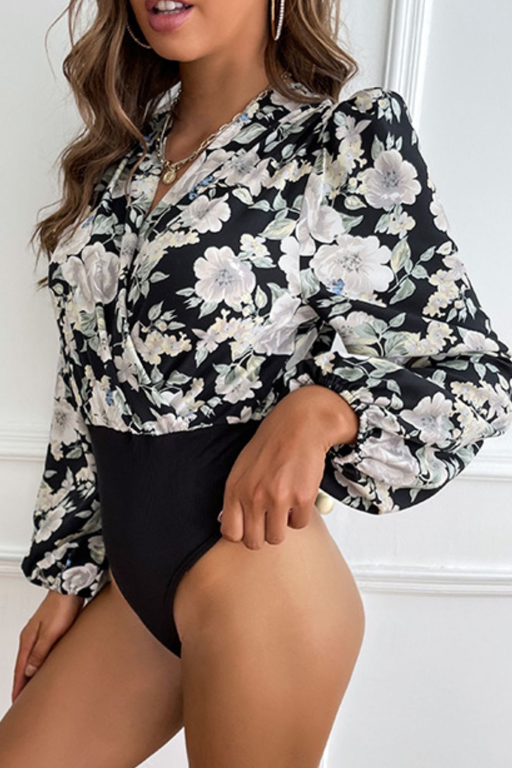 Perfee Floral Surplice Neck Puff Sleeve Bodysuit - In Style Chics Boutique LLC