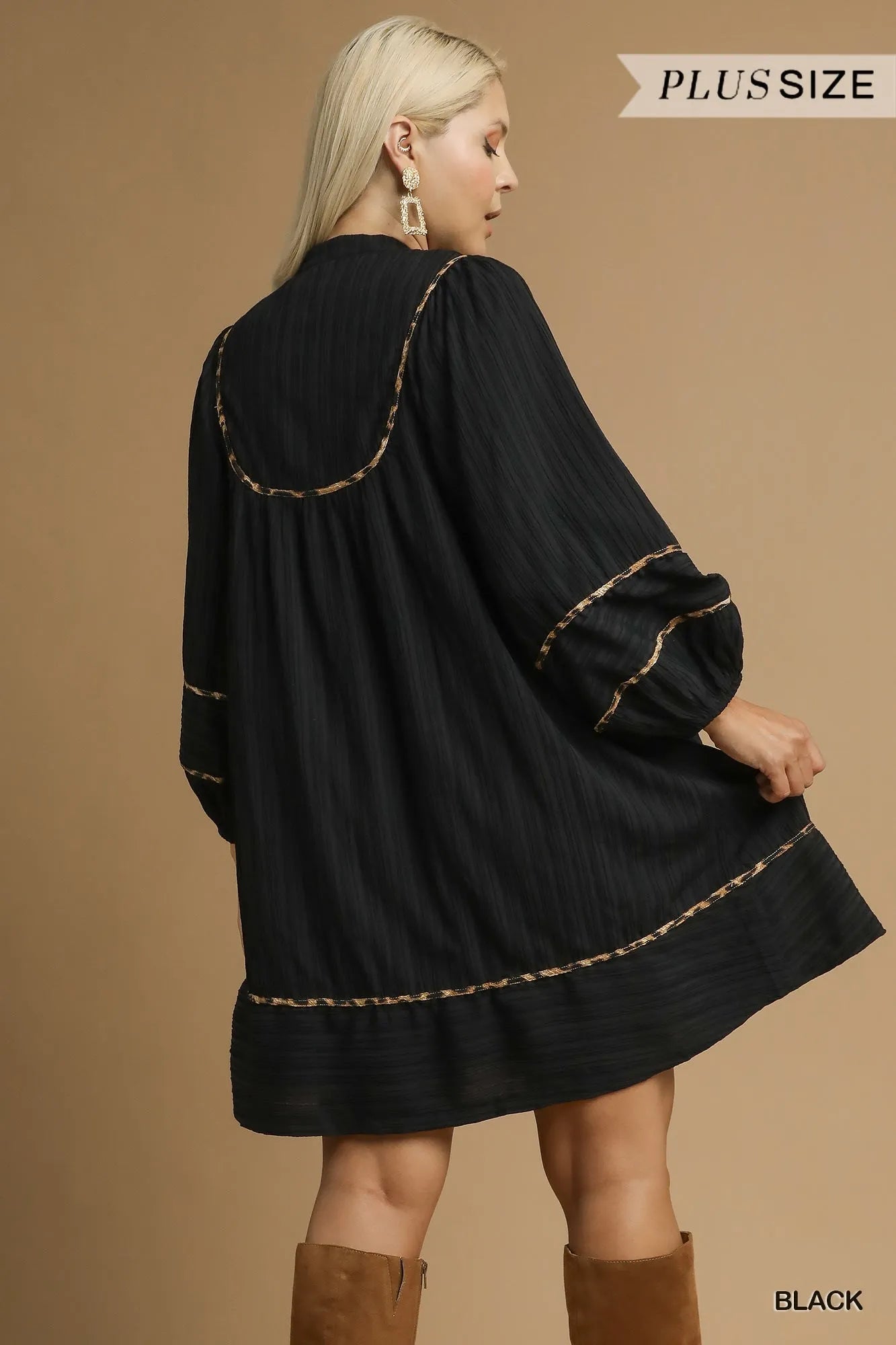 Textured Babydoll Dress with Leopard Trim at In Style Chics Boutique
