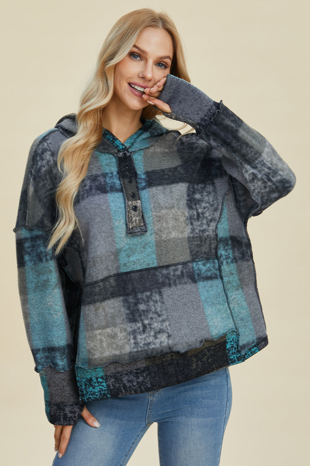 Double Take Full Size Plaid Dropped Shoulder Fleece Hoodie - In Style Chics Boutique LLC