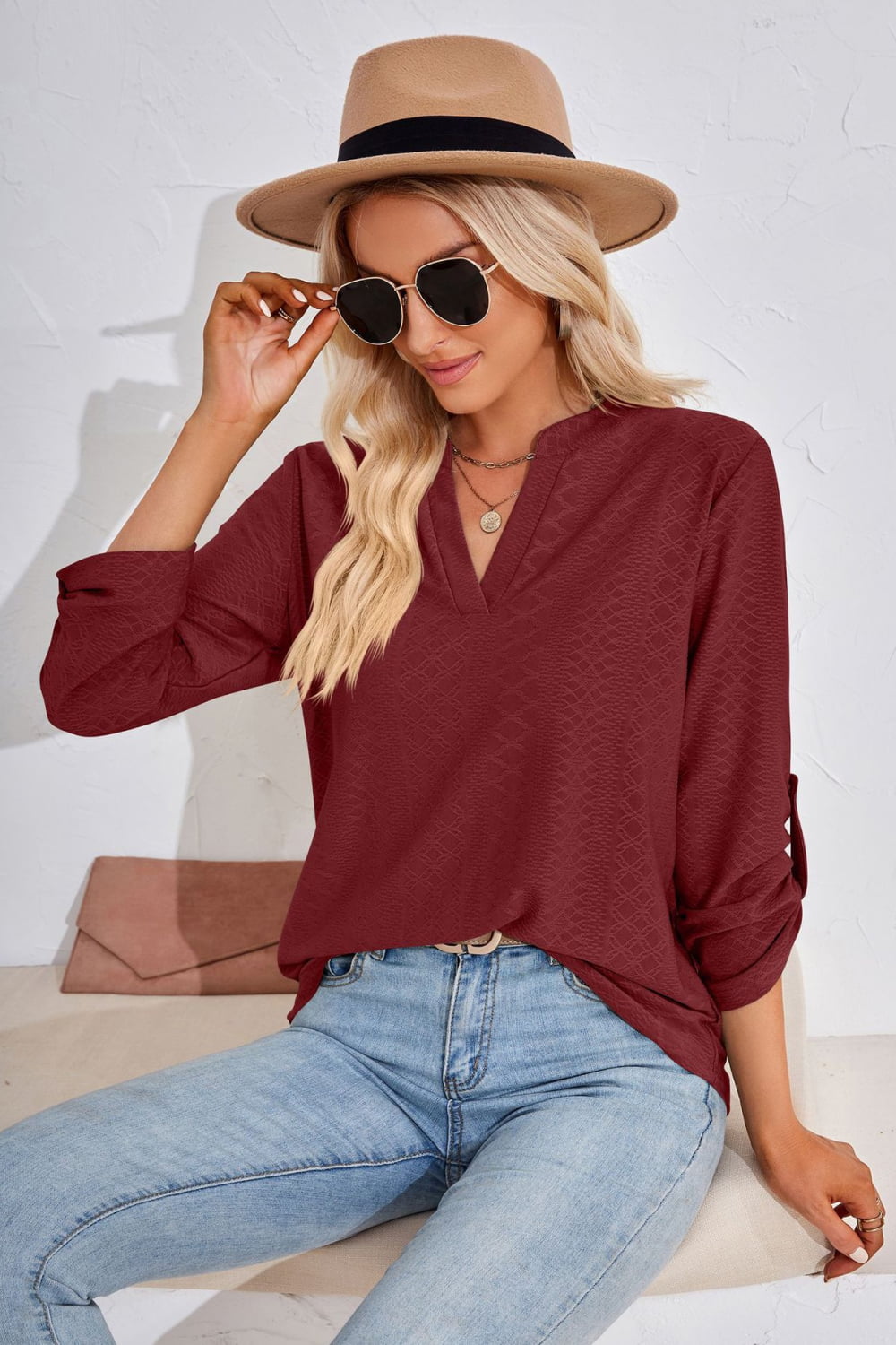 V-Neck Roll-Tap Sleeve Blouse - In Style Chics Boutique LLC