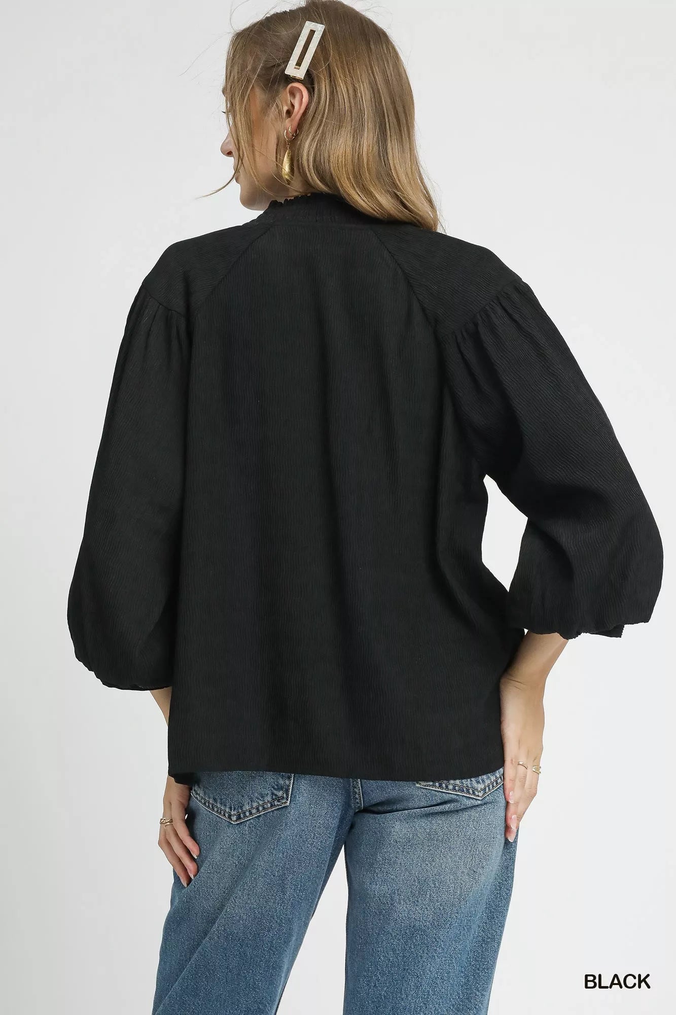 Textured V-Neck Black Blouse with Balloon Sleeves at In Style Chics Boutique
