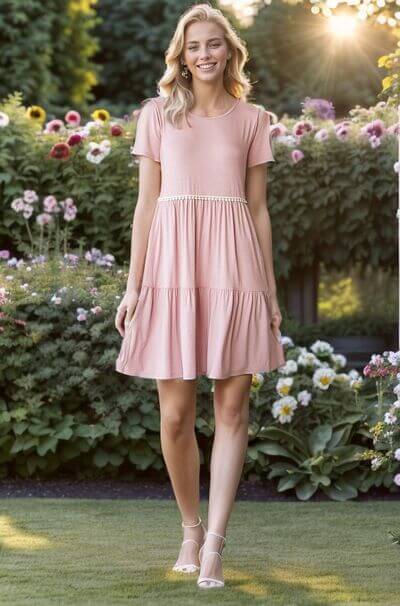 Solid Mini Tiered Dress with Pompom Lace - In Style Chics Boutique
