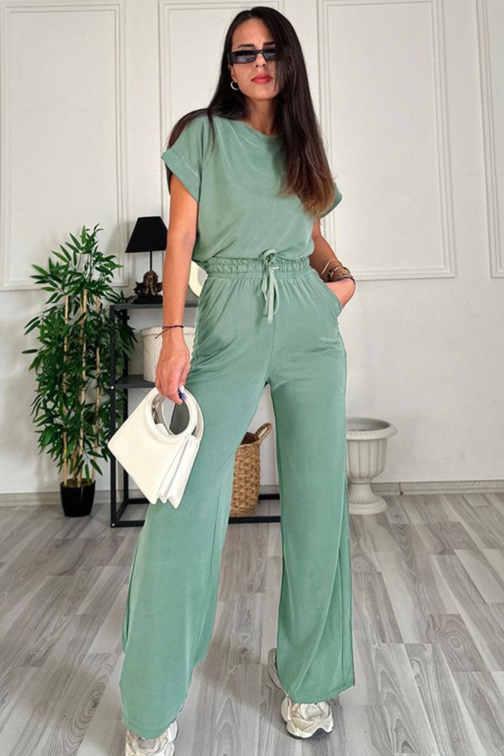 Round Neck Short Sleeve Top and Drawstring Pants Set - In Style Chics Boutique LLC