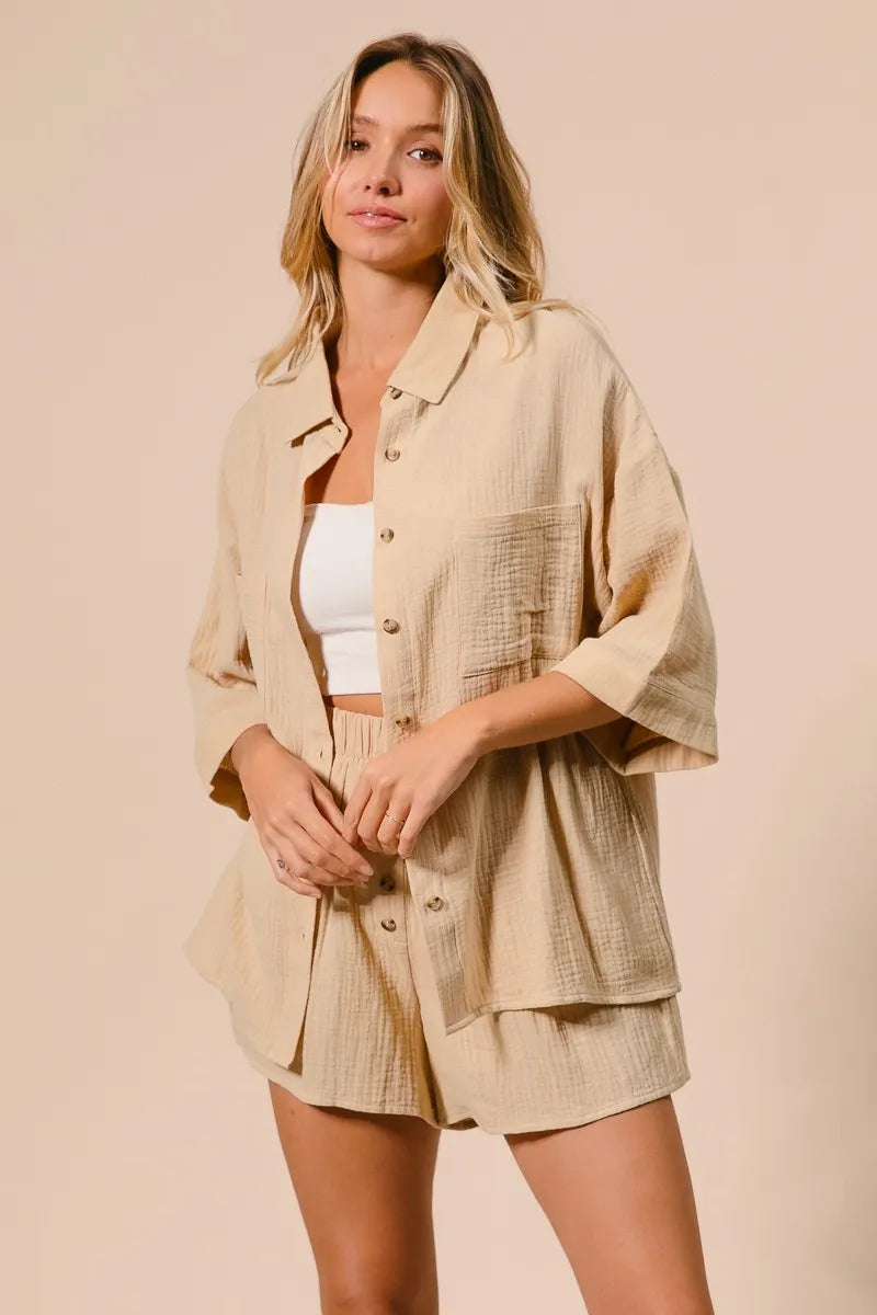 Crinkle Gauze Shirt and Short Set For Women - In Style Chics Boutique Women's Juniors Cute Clothes Online