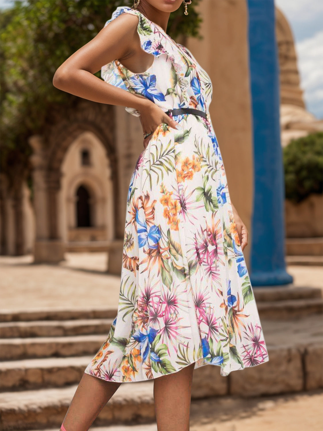 Ruffled Printed Surplice Cap Sleeve Dress - In Style Chics Boutique LLC