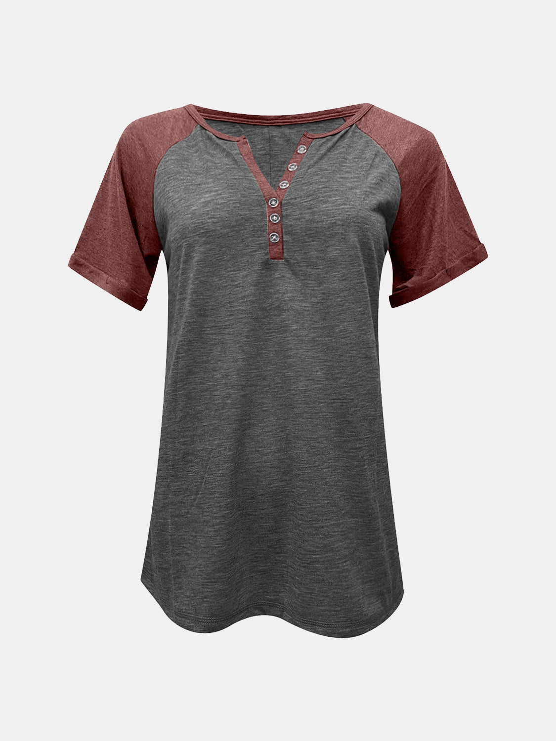 Contrast Notched Short Sleeve T-Shirt - In Style Chics Boutique LLC