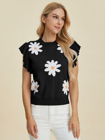 Ruffled Flower Round Neck Cap Sleeve Sweater - In Style Chics Boutique - Shop Online Plus Size Clothing