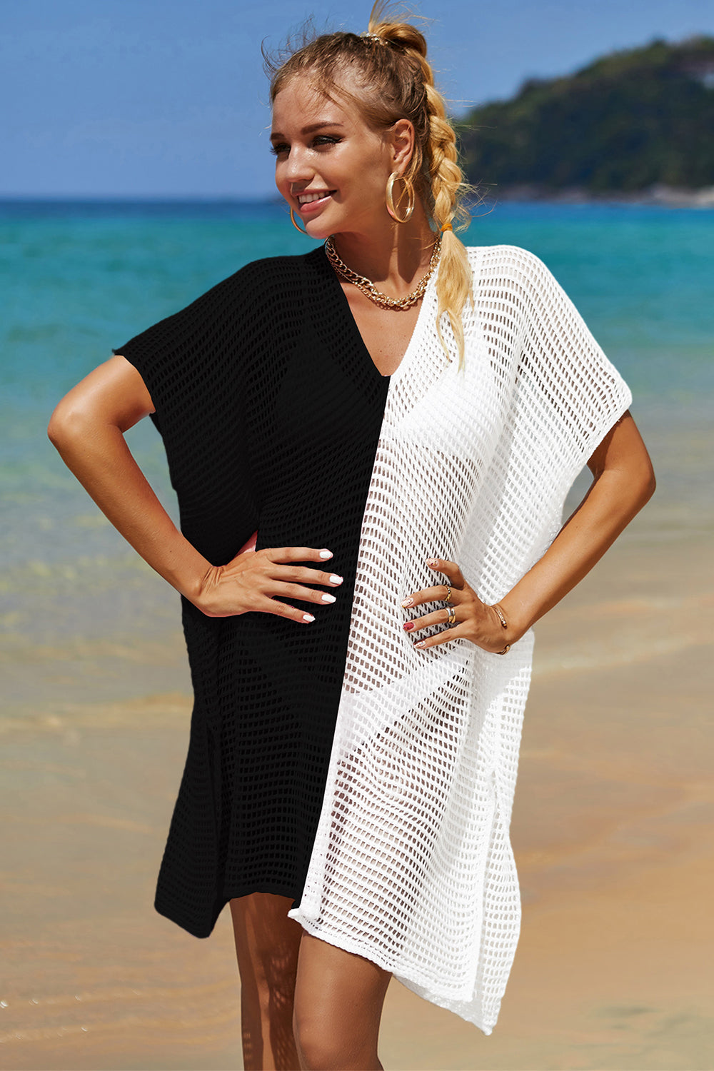 Double Take Openwork Contrast Slit Knit Cover Up - In Style Chics Boutique LLC