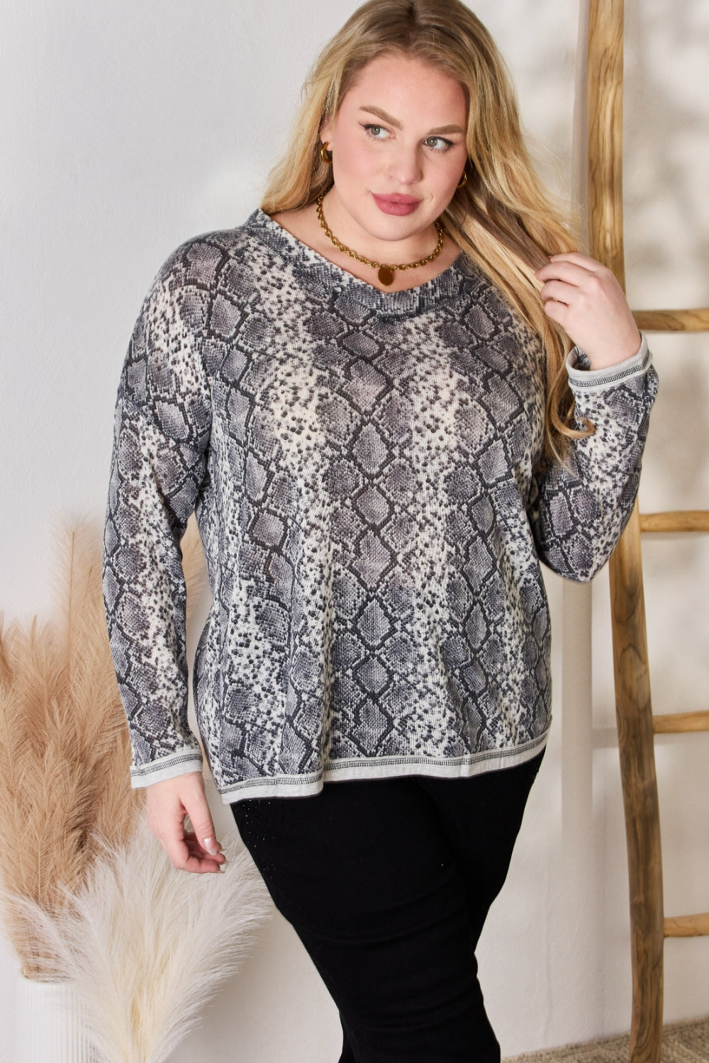 Hailey & Co Full Size Snakeskin V-Neck Long Sleeve Top - In Style Chics Boutique LLC