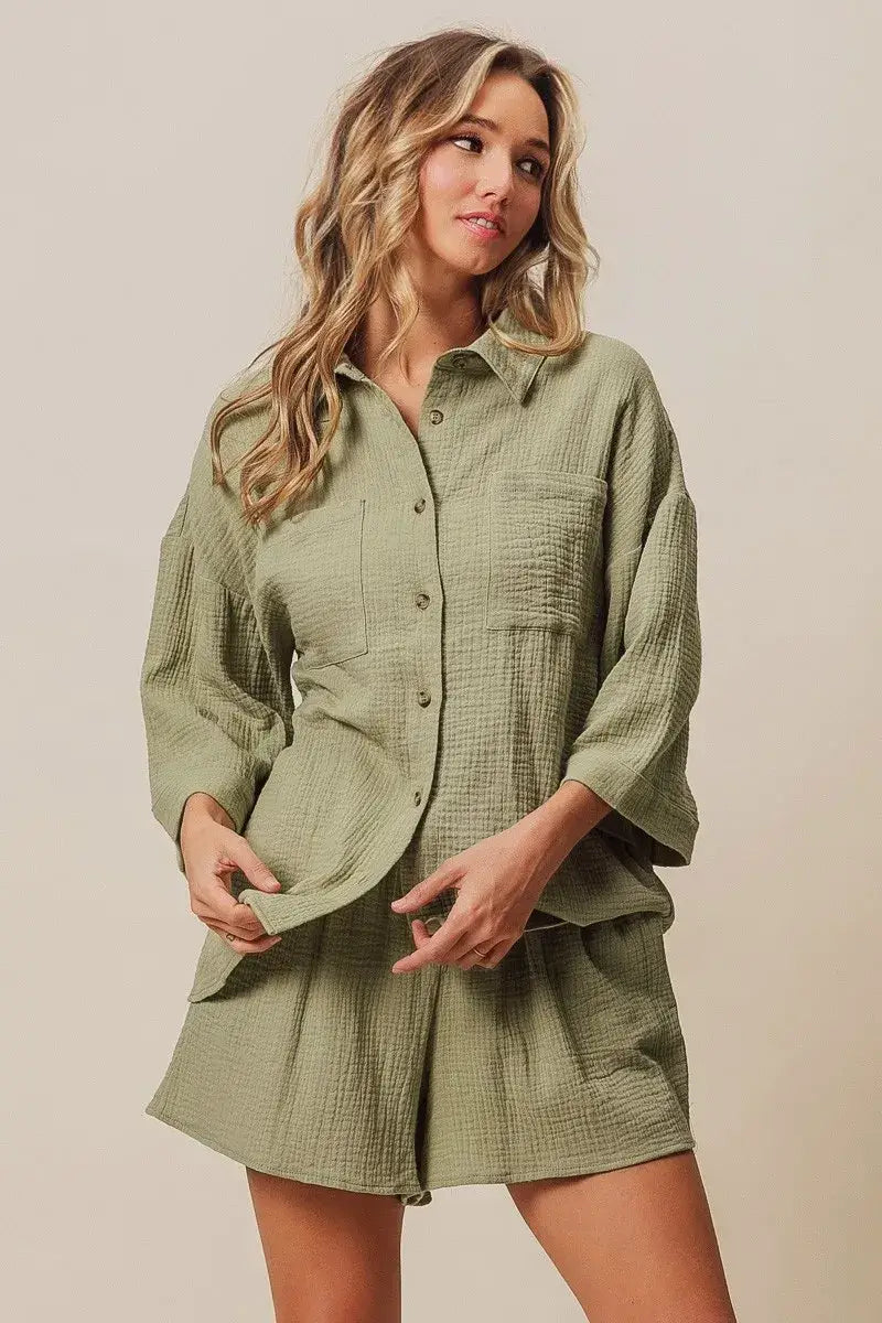 Crinkle Gauze Shirt and Short Set - In Style Chics Boutique