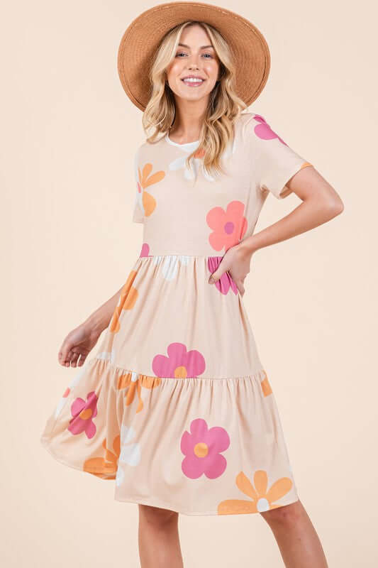 BOMBOM Floral Round Neck Short Sleeve Tiered Dress - In Style Chics Boutique Clothing Women's Juniors Apparel Cute Clothes - Made in USA Online
