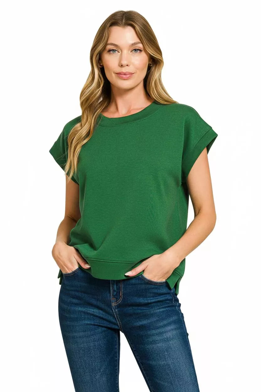 Zenana Scuba Short Sleeve Sweatshirt in Dark Green