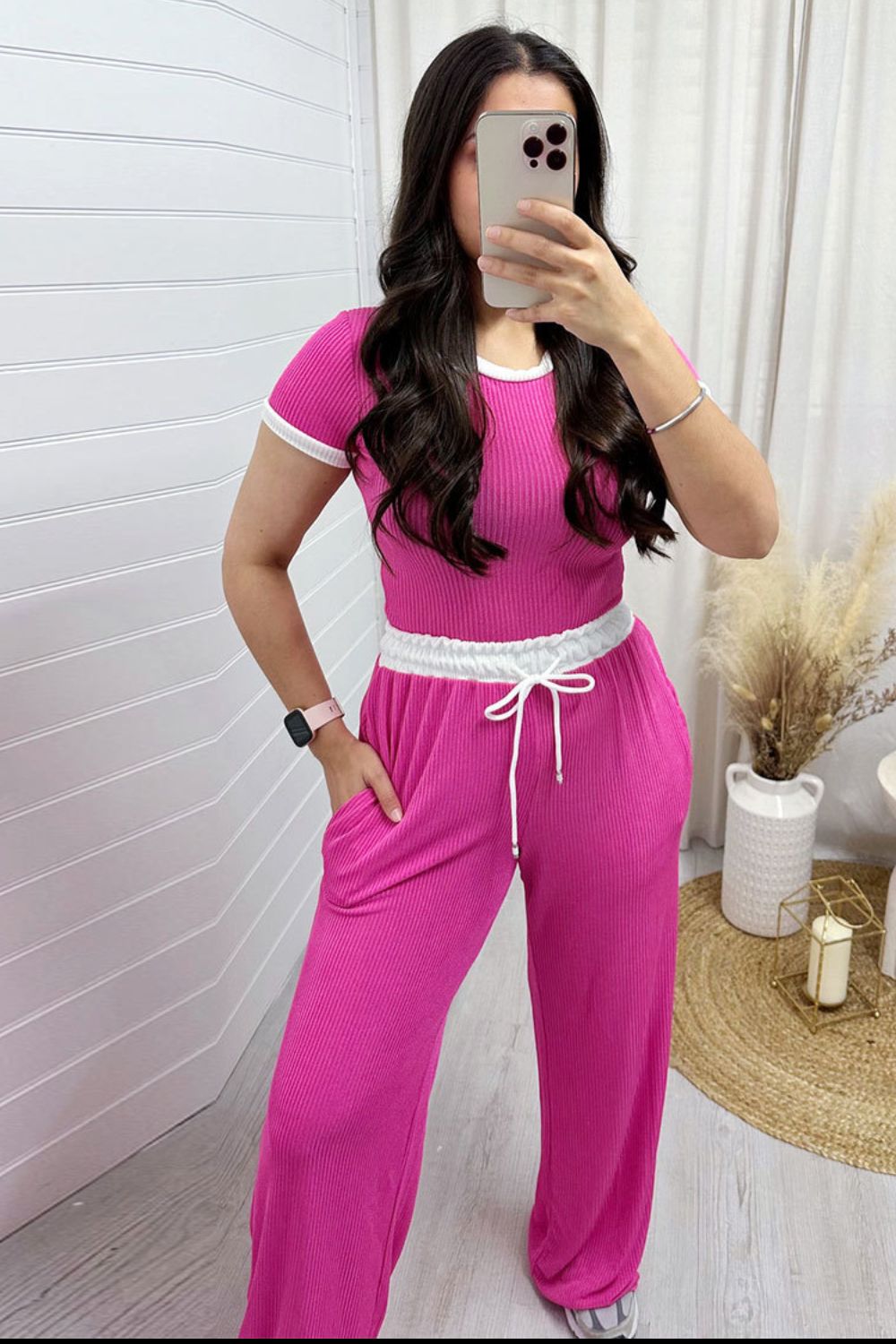 Contrast Trim Round Neck Top and Pants Set - In Style Chics Boutique LLC