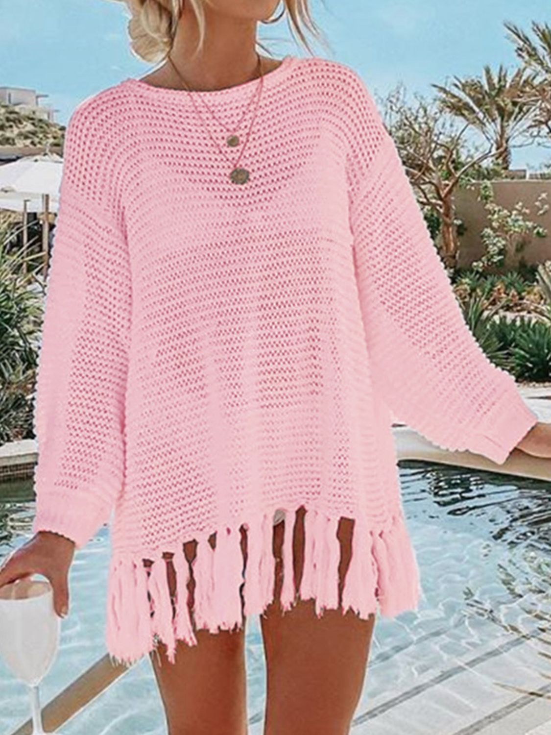 Double Take Openwork Tassel Hem Long Sleeve Knit Cover Up - More Colors! - In Style Chics Boutique LLC