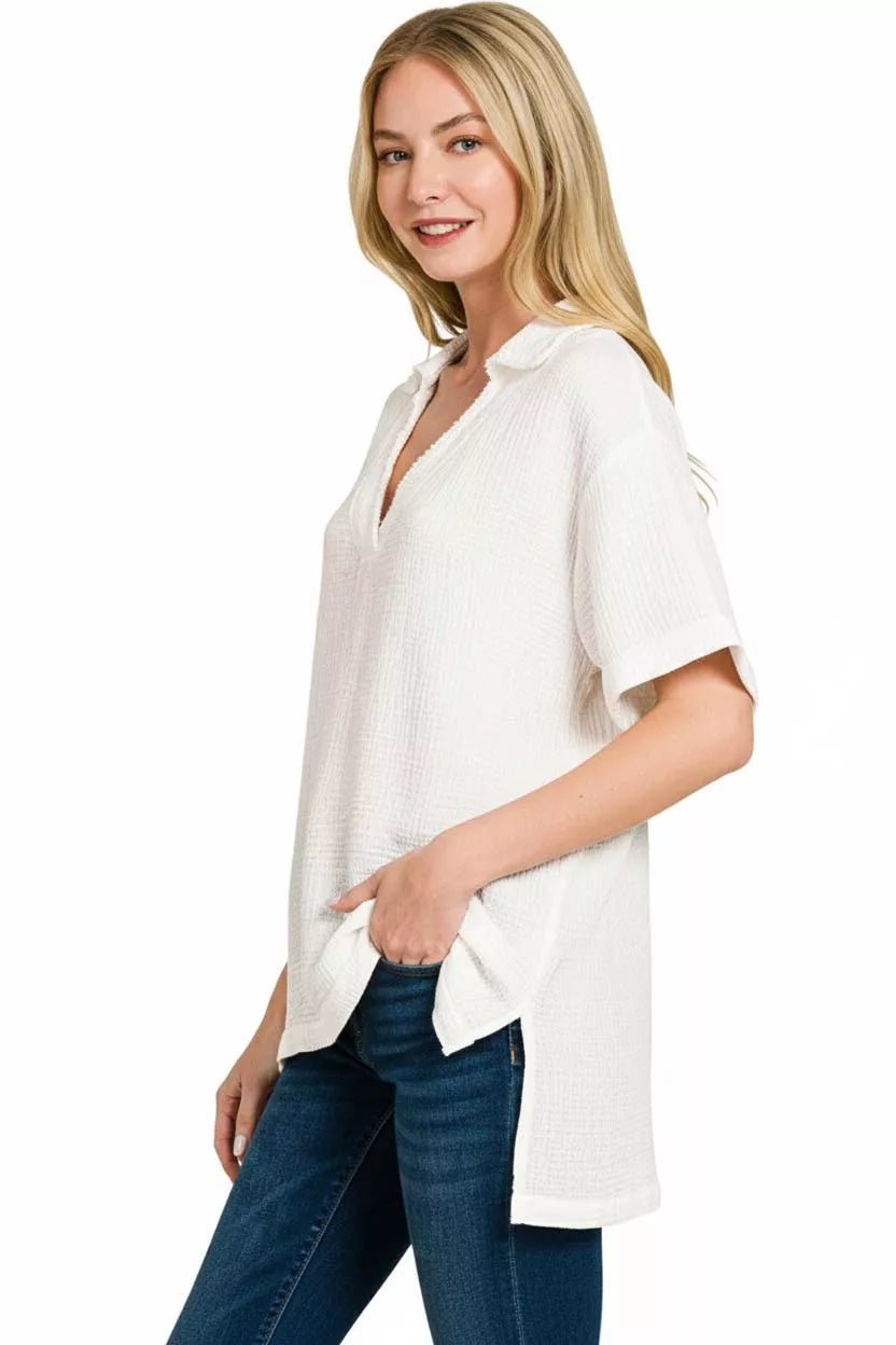 Double Gauze Short Sleeve High-Low Top at In Style Chics Boutique
