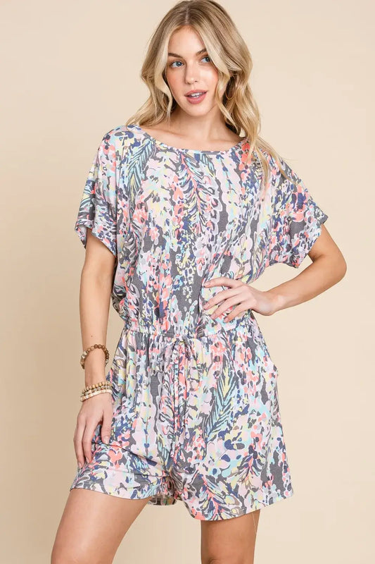 Printed Short Sleeve Drawstring Romper - In Style Chics Boutique Online Fashion