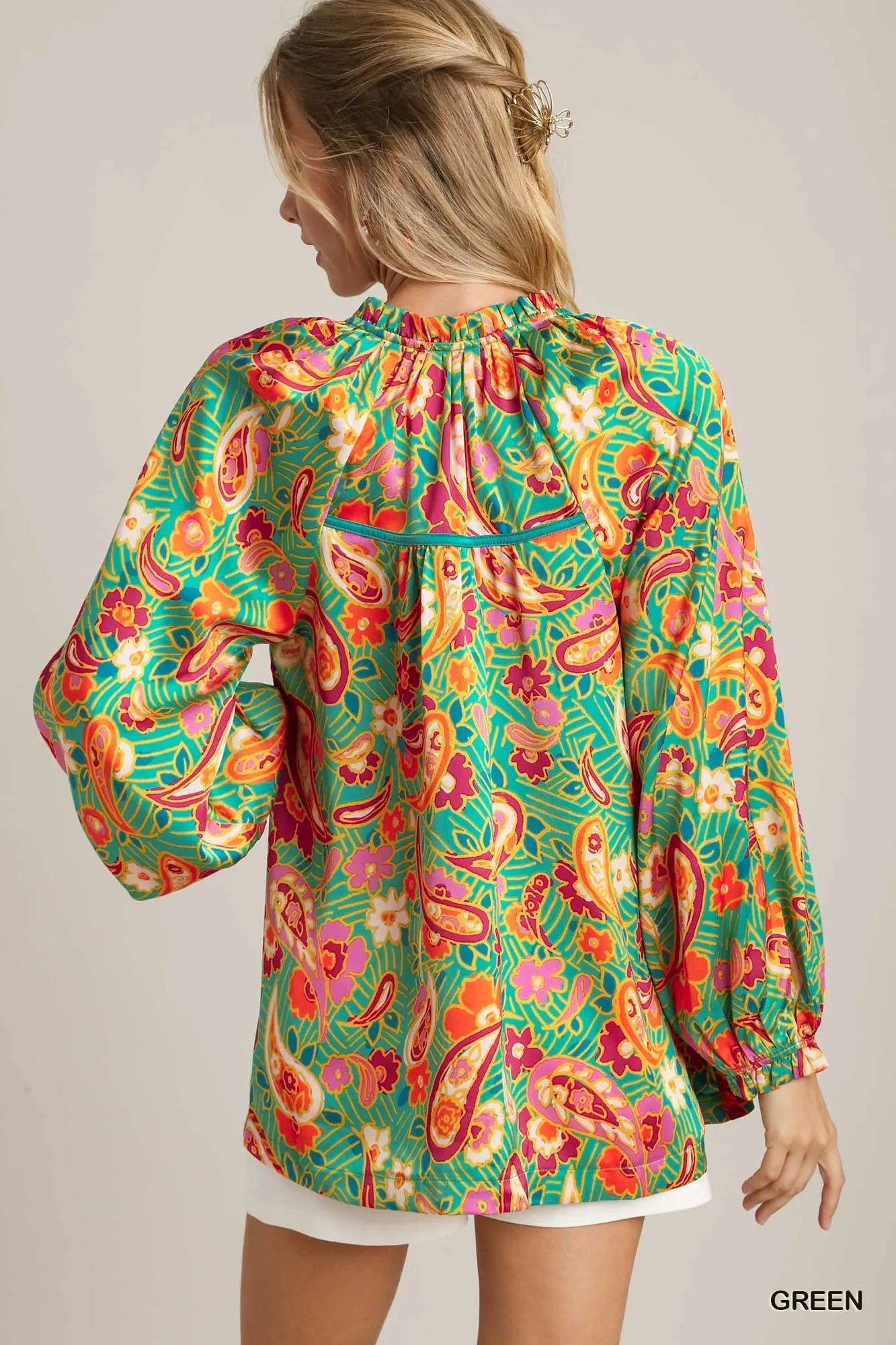 Satin Paisley Ruffle Neck Button-Up Shirt at In Style Chics Boutique