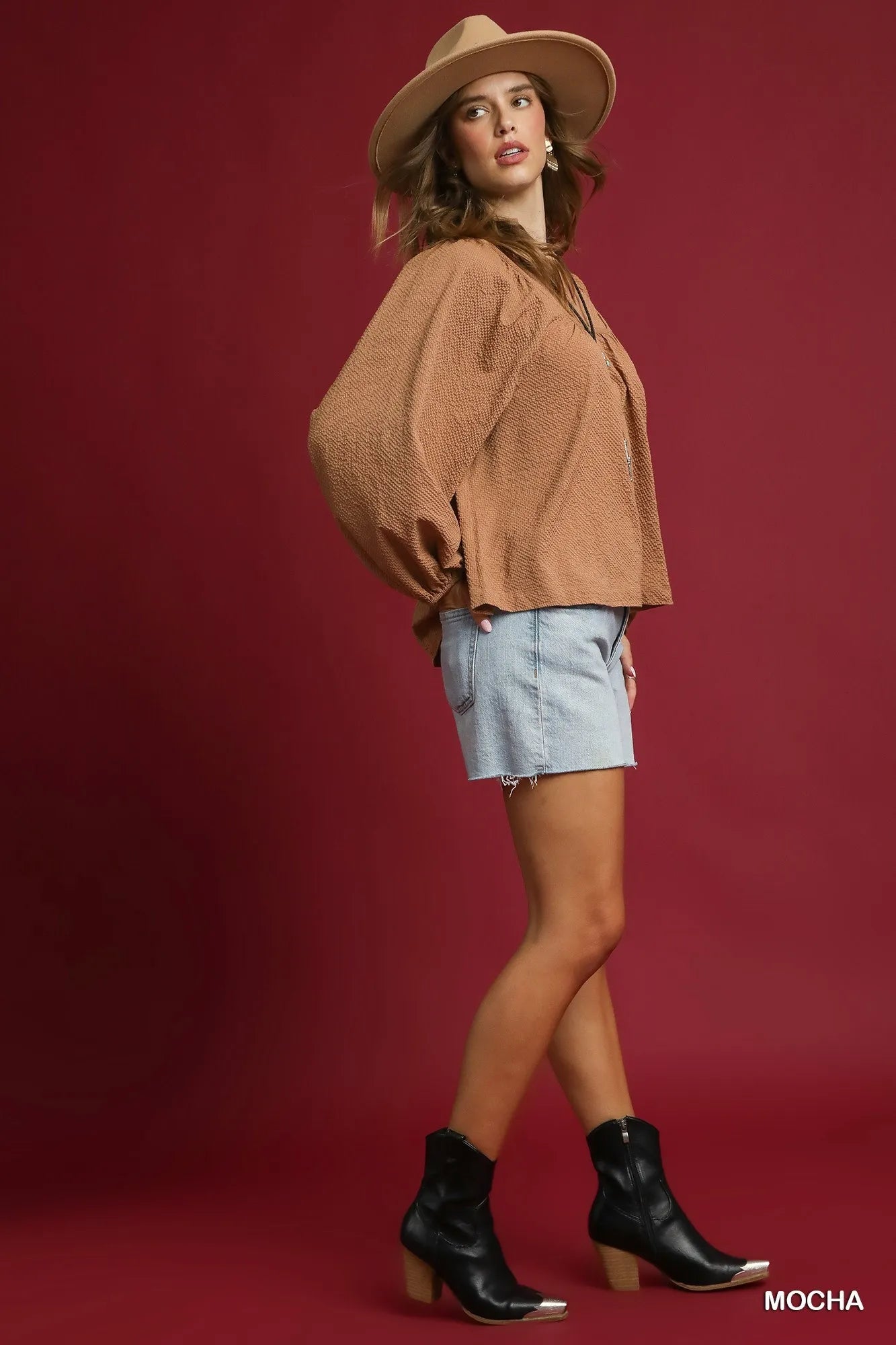 Textured Notched Mocha Blouse with Balloon Sleeves at In Style Chics Boutique